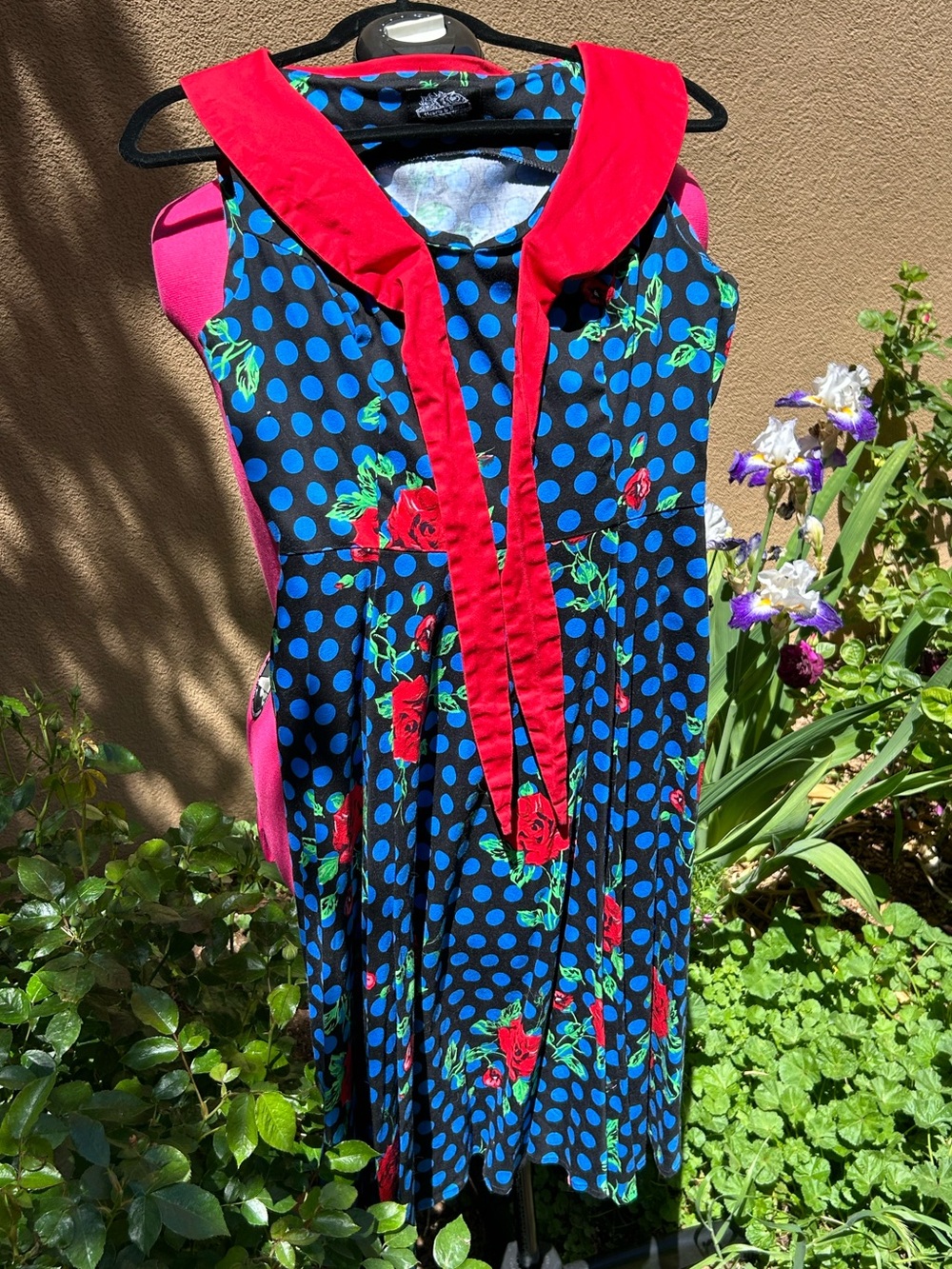 Hearts & Roses Navy Polka Dot Dress with Red Rose Accents